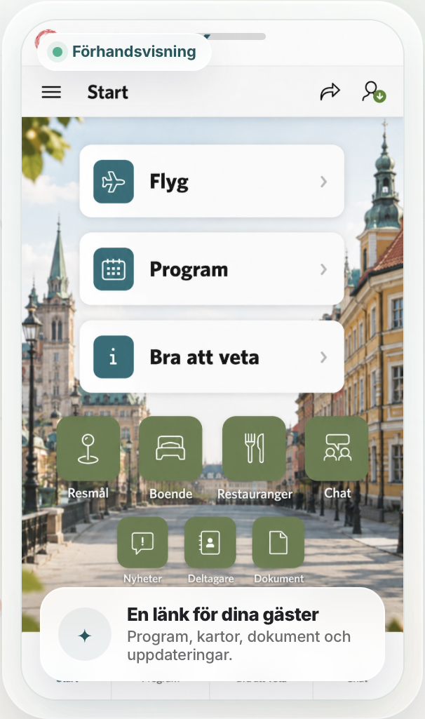 Förhandsvisning av Blieasys app för gruppresor med flyg, reseprogram, boende, restauranger och dokument.
